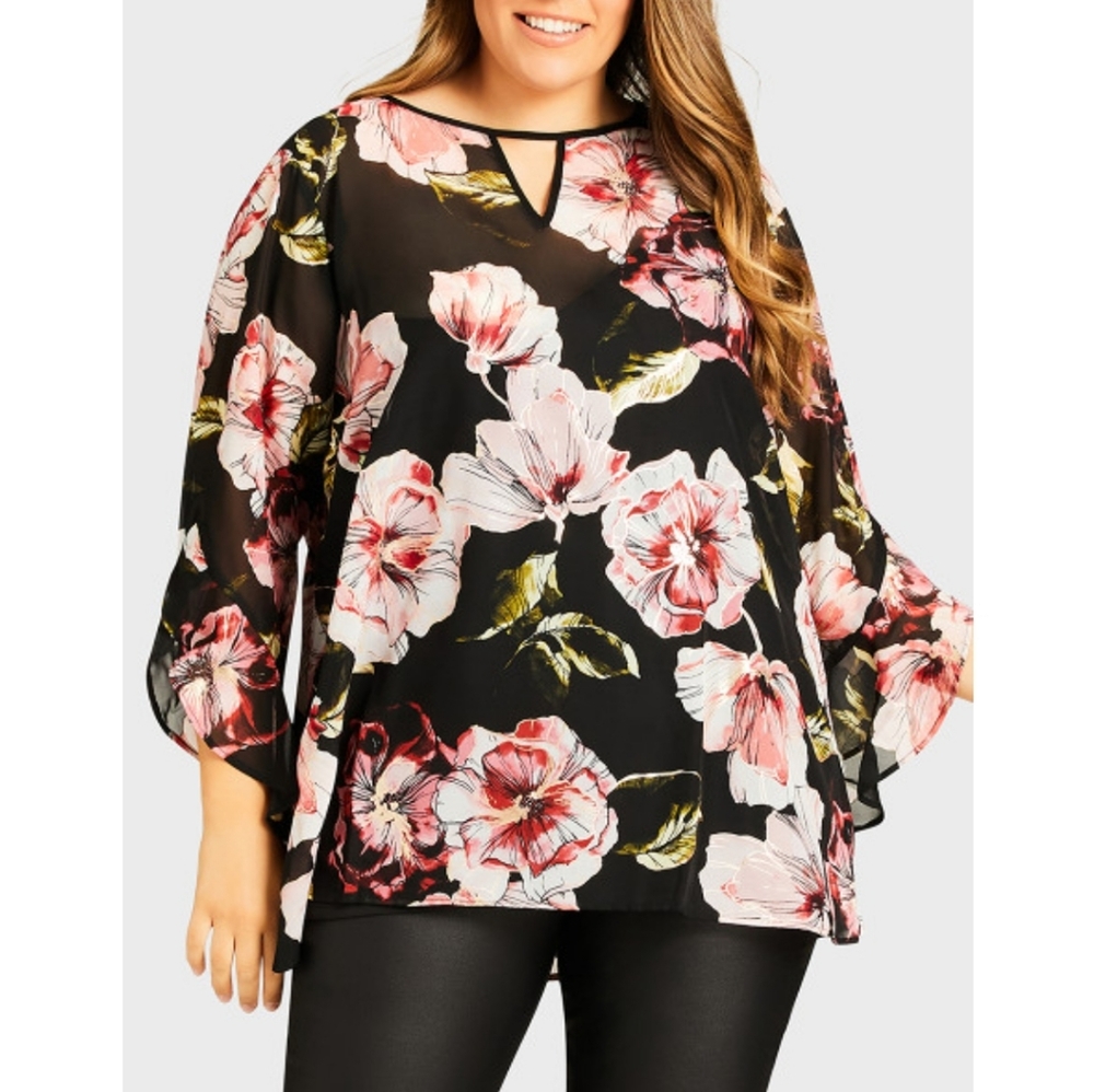 Avenue || 1X Black Floral Gold Foil Blouse With Black Cami